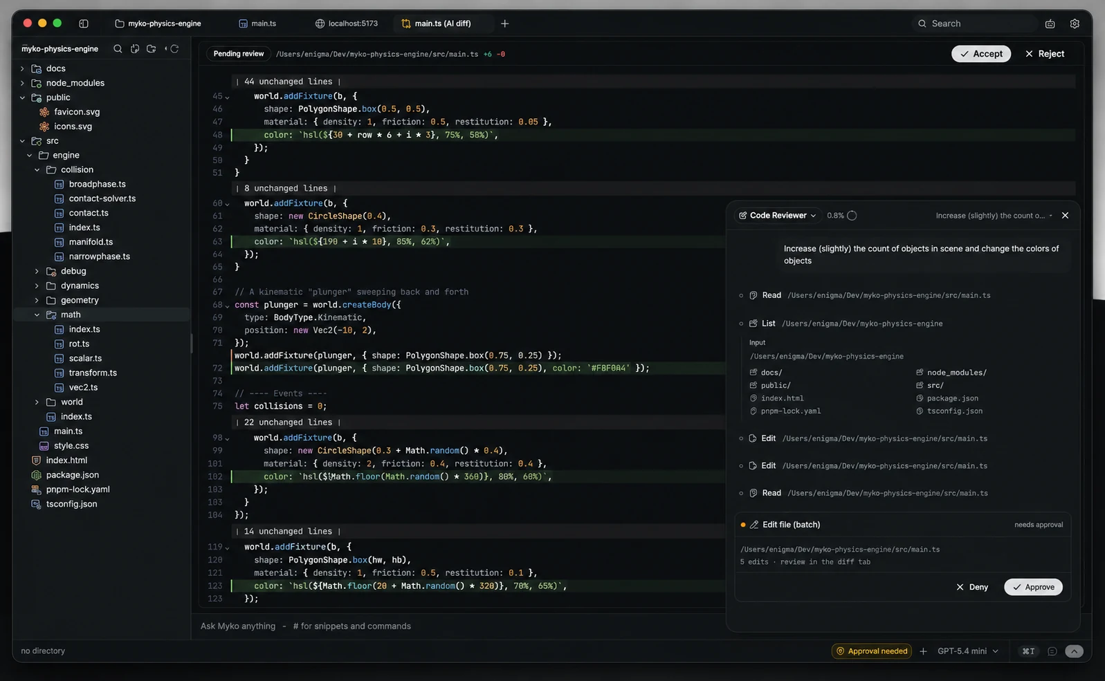 Myko AI workflow: an agent reading files and proposing a reviewable diff