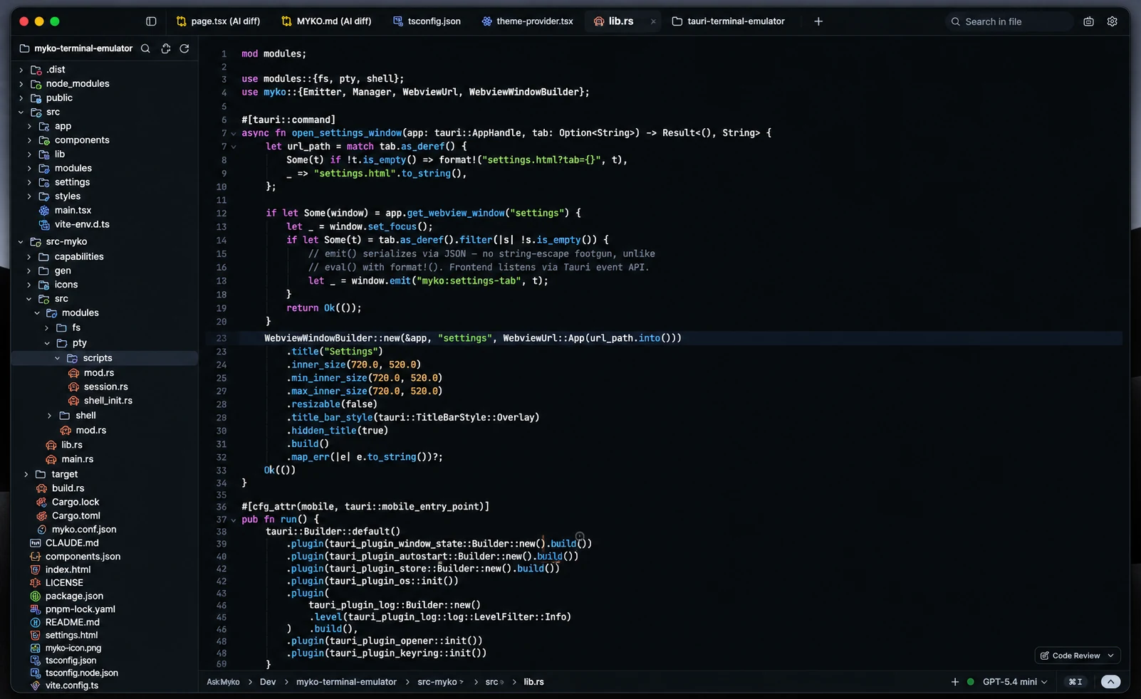 Myko code editor showing a Rust file with tabs