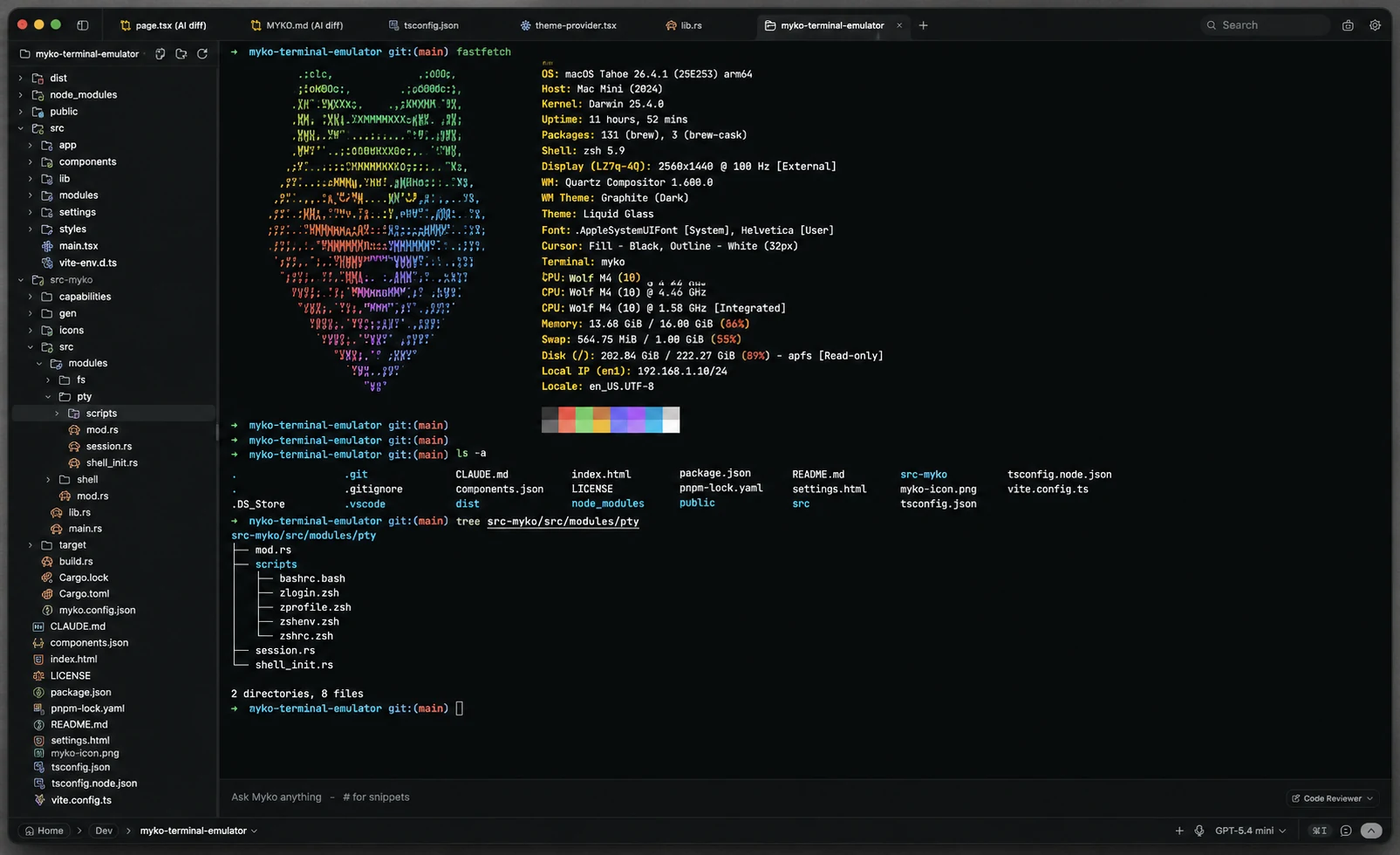 Myko terminal with a file tree and shell output